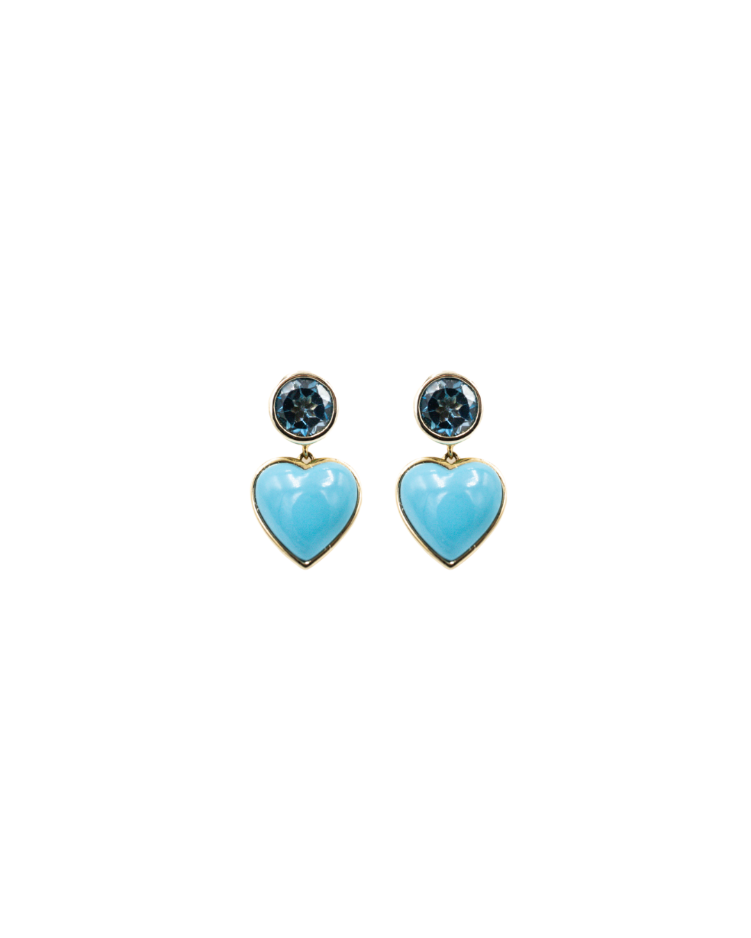 14K gold blue topaz stud and turquoise heart drop earrings from the ROAM Collection