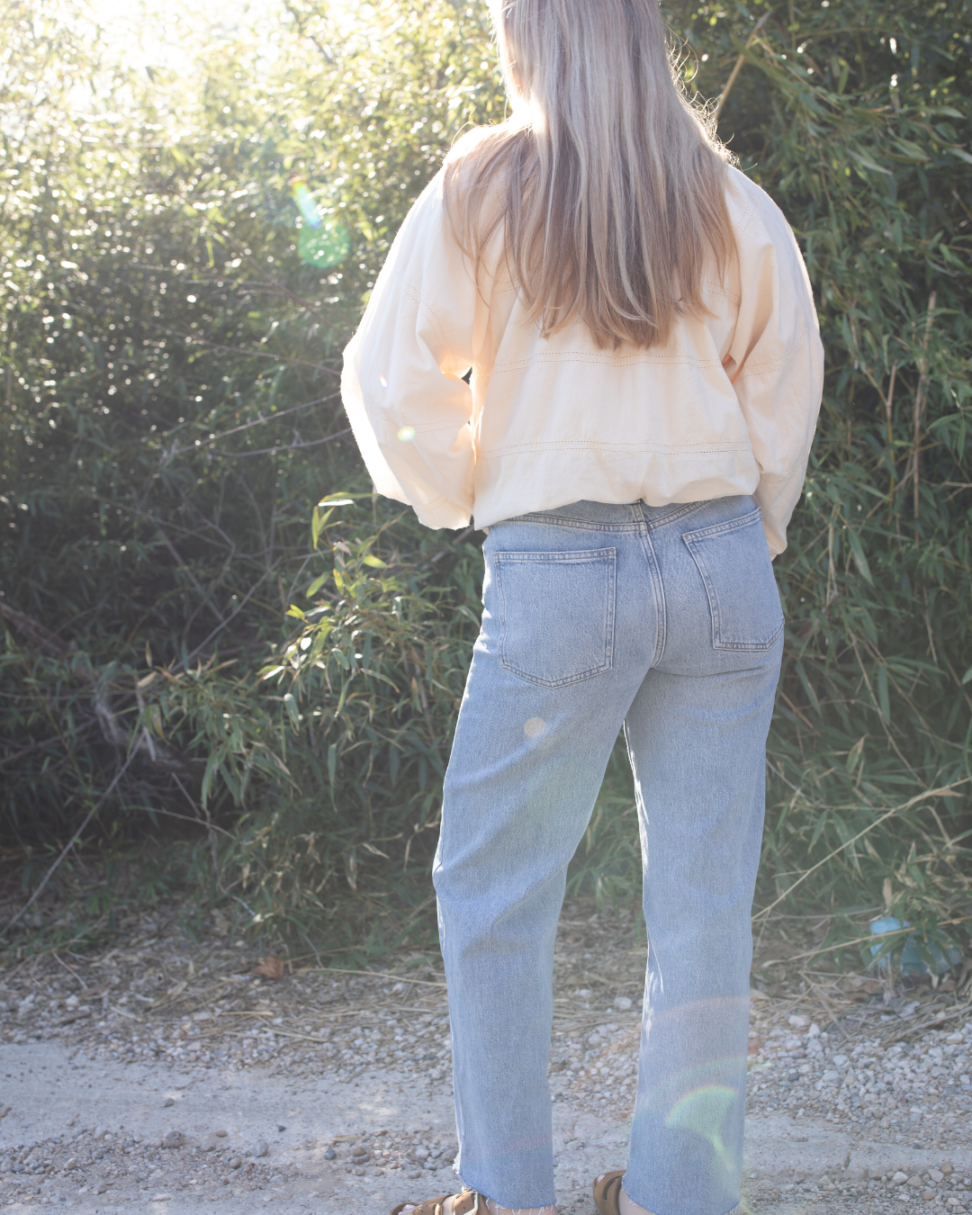 Light wash straight leg denim jeans