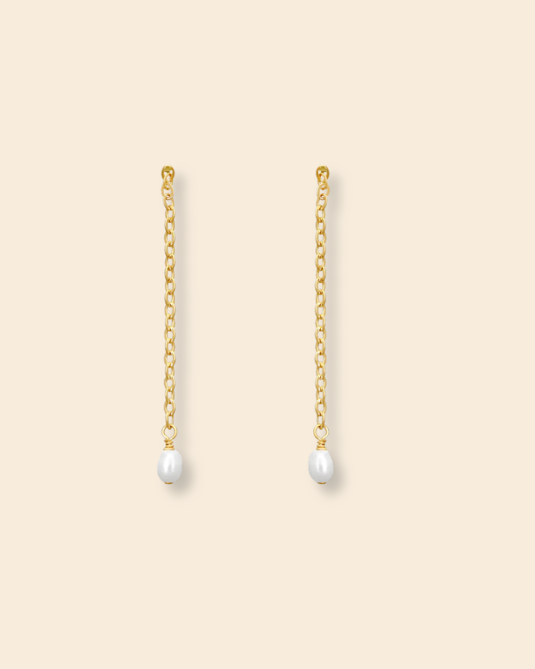 ABLE Iris Long Pearl Drop Earrings with freshwater pearls and 14K gold-filled chain, front view