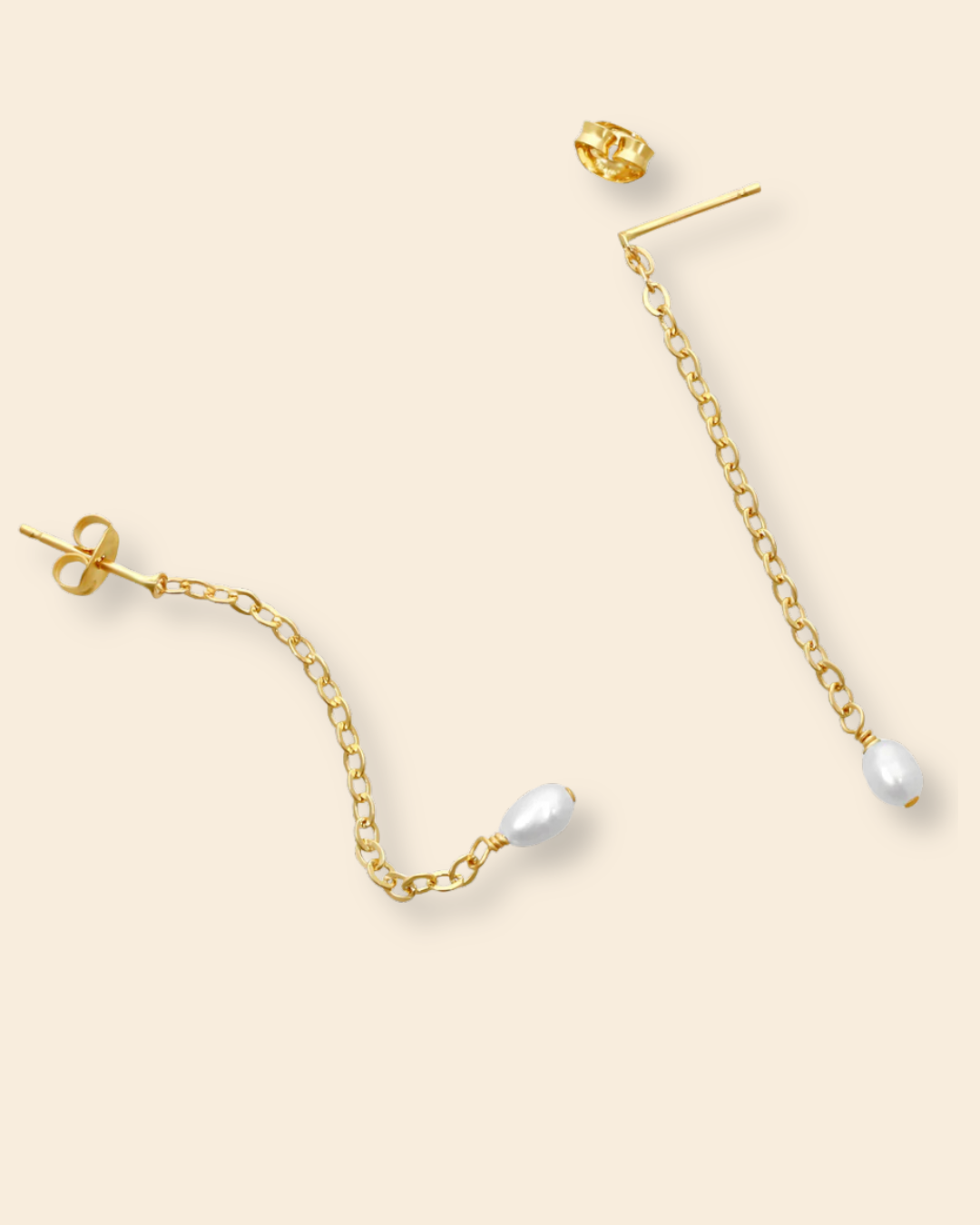 ABLE Iris Long Pearl Drop Earrings with gold-filled post backs and freshwater pearl drops
