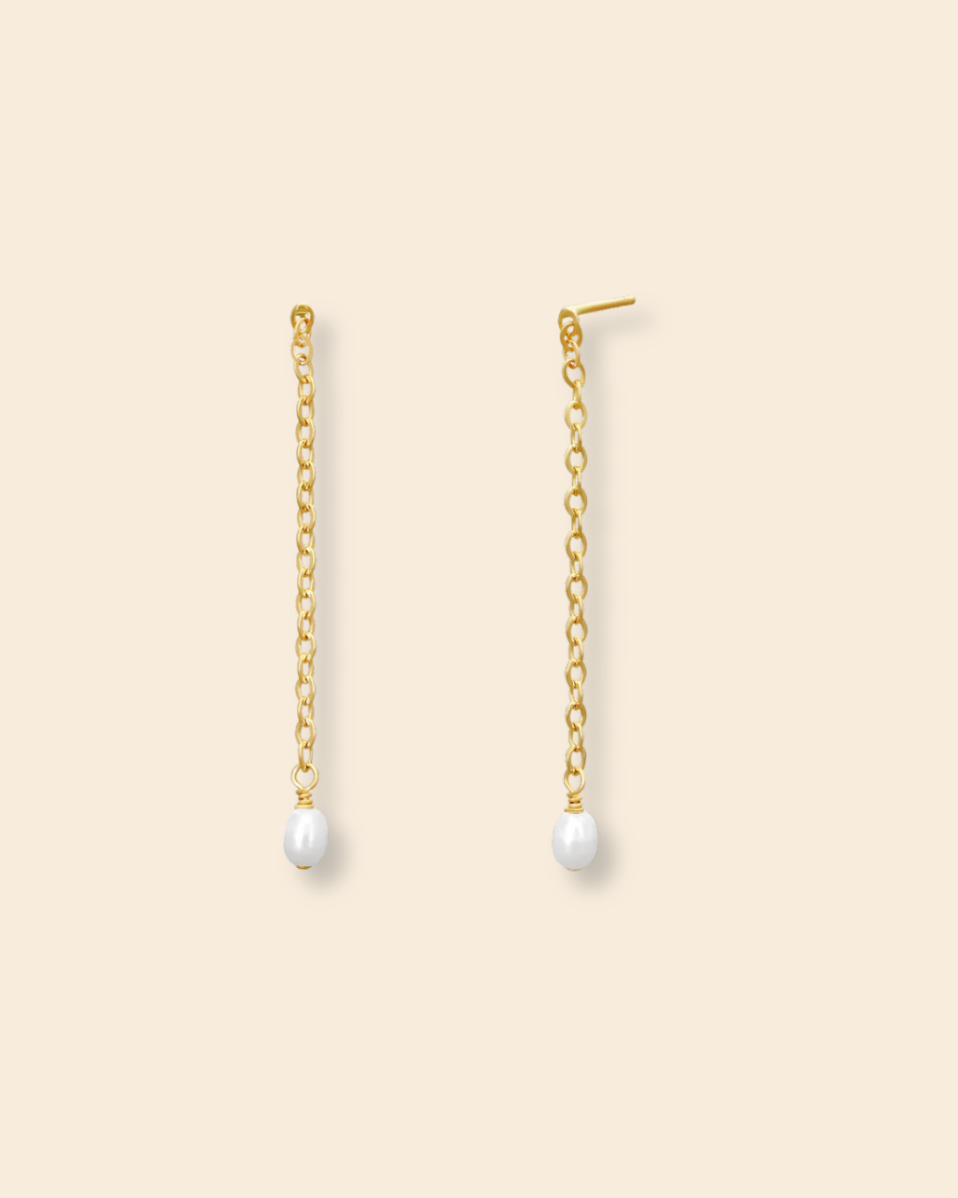ABLE Iris Long Pearl Drop Earrings showing gold-filled chain drop and freshwater pearl detail