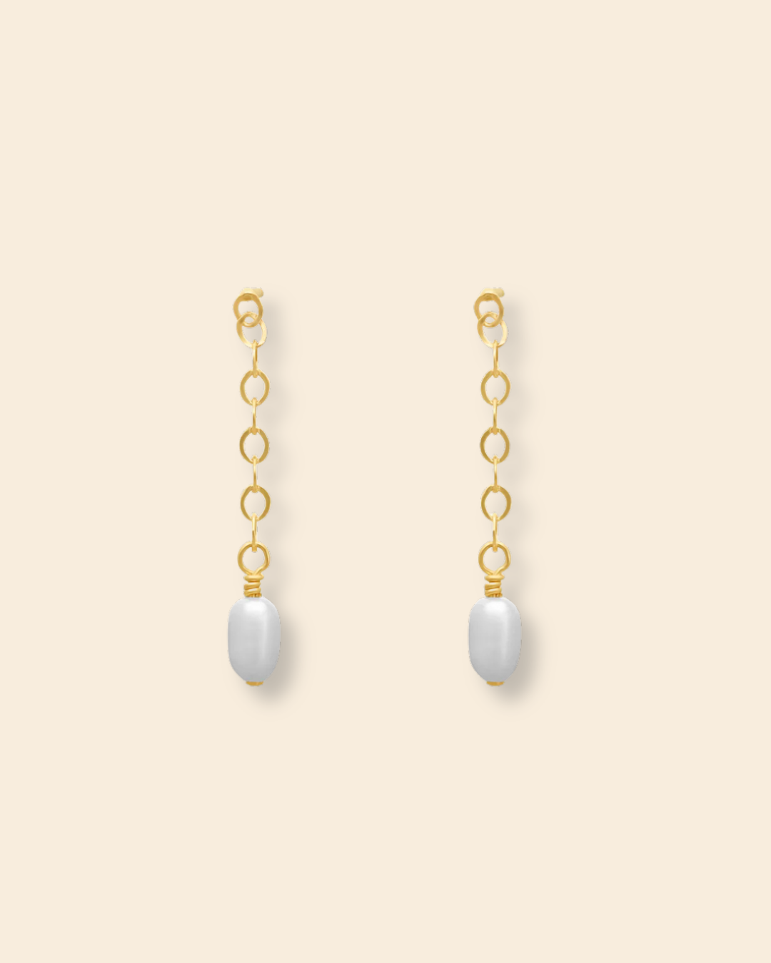 ABLE Lila Short Pearl Drop Earrings with freshwater pearls and 14K gold-filled chain, front view