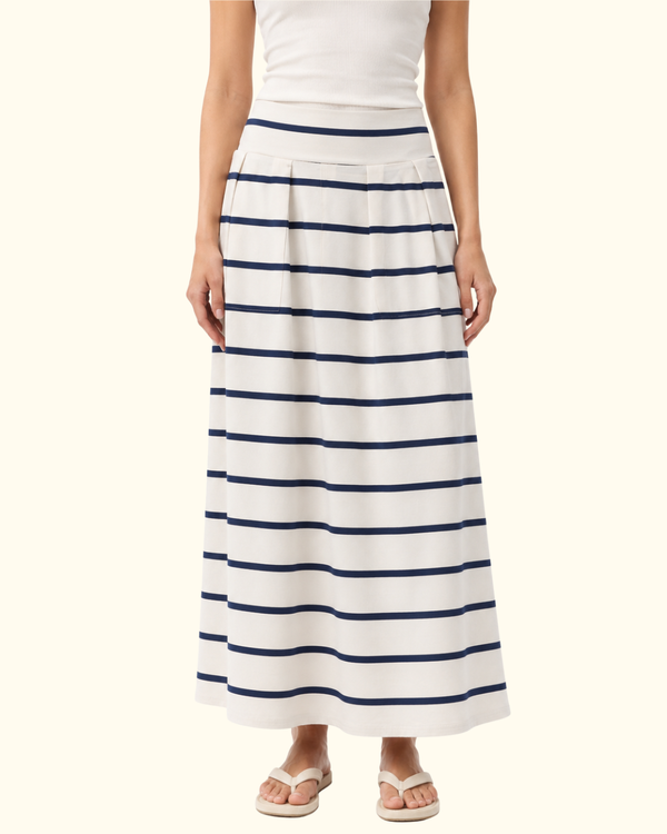Alexis Striped Drop Waist Skirt in Cream Navy front view