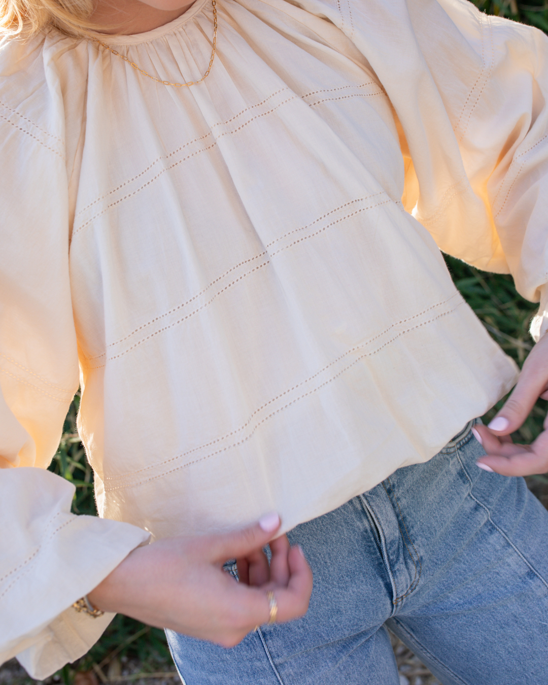 Alabaster cotton blouse with gathered neckline front view