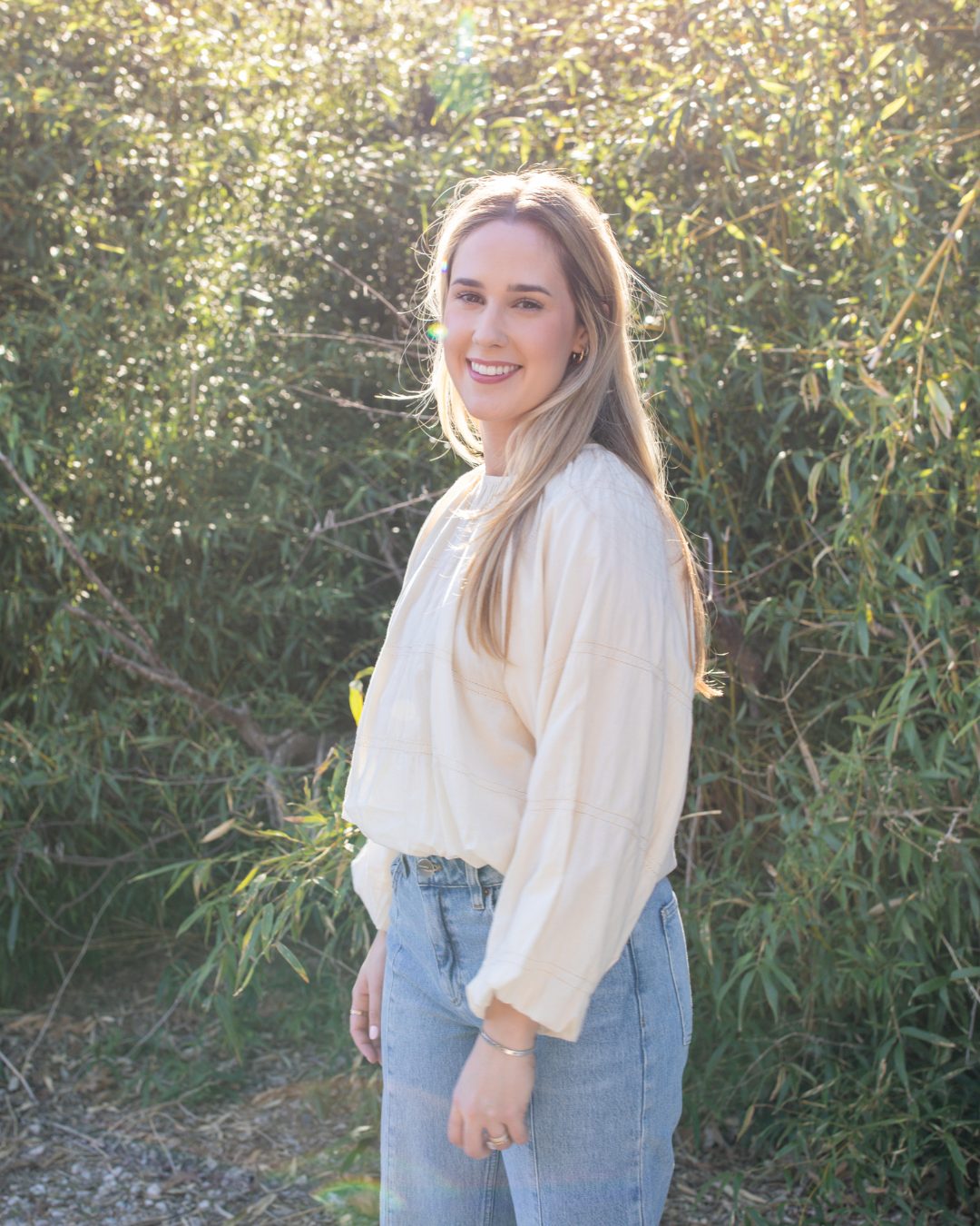 Alabaster relaxed fit top styled with denim