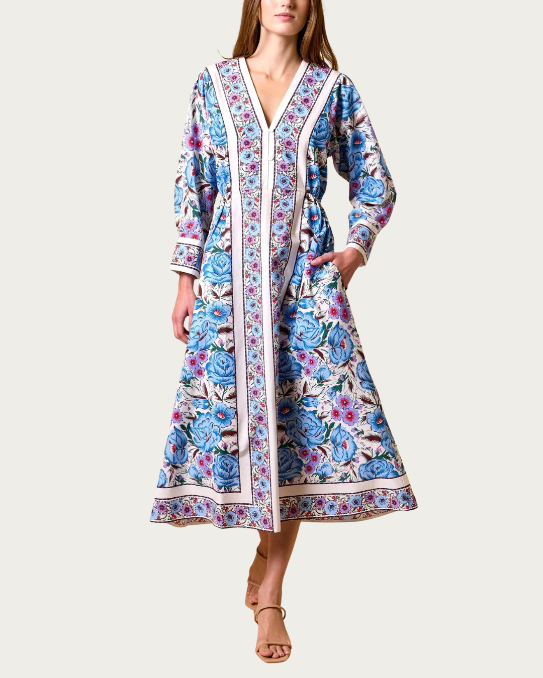 Front view of Blanche Midi Dress Fluora with V-neckline and button front