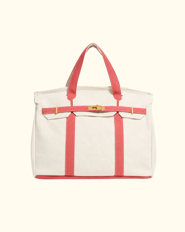 Canvas Boatkin Bag Pink natural canvas tote with pink straps and gold hardware front view