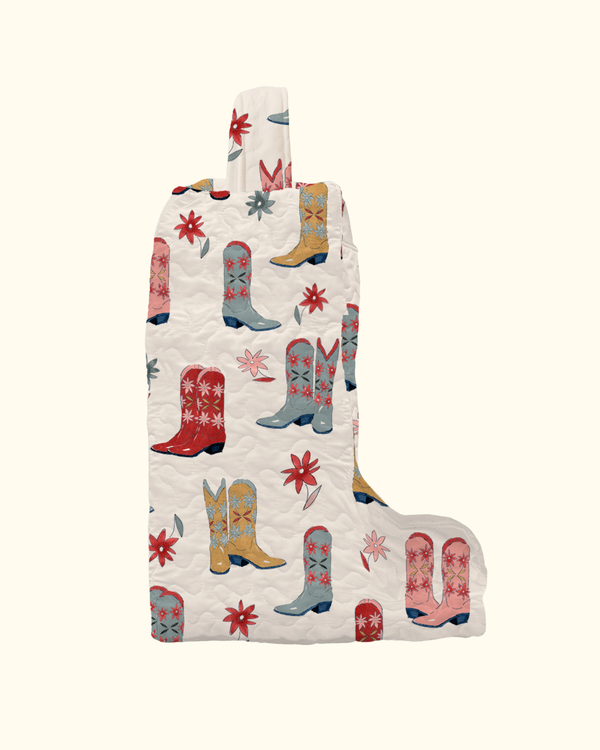 Quilted tall boot bag with colorful cowboy boot and floral print