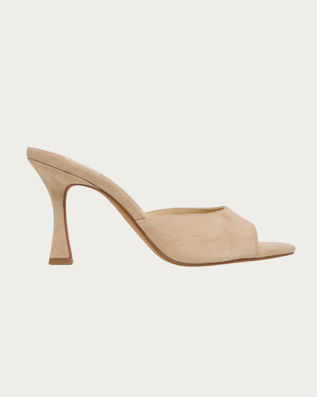 Side view of Dolce Vita Rosha Sandal in beige suede with flared heel