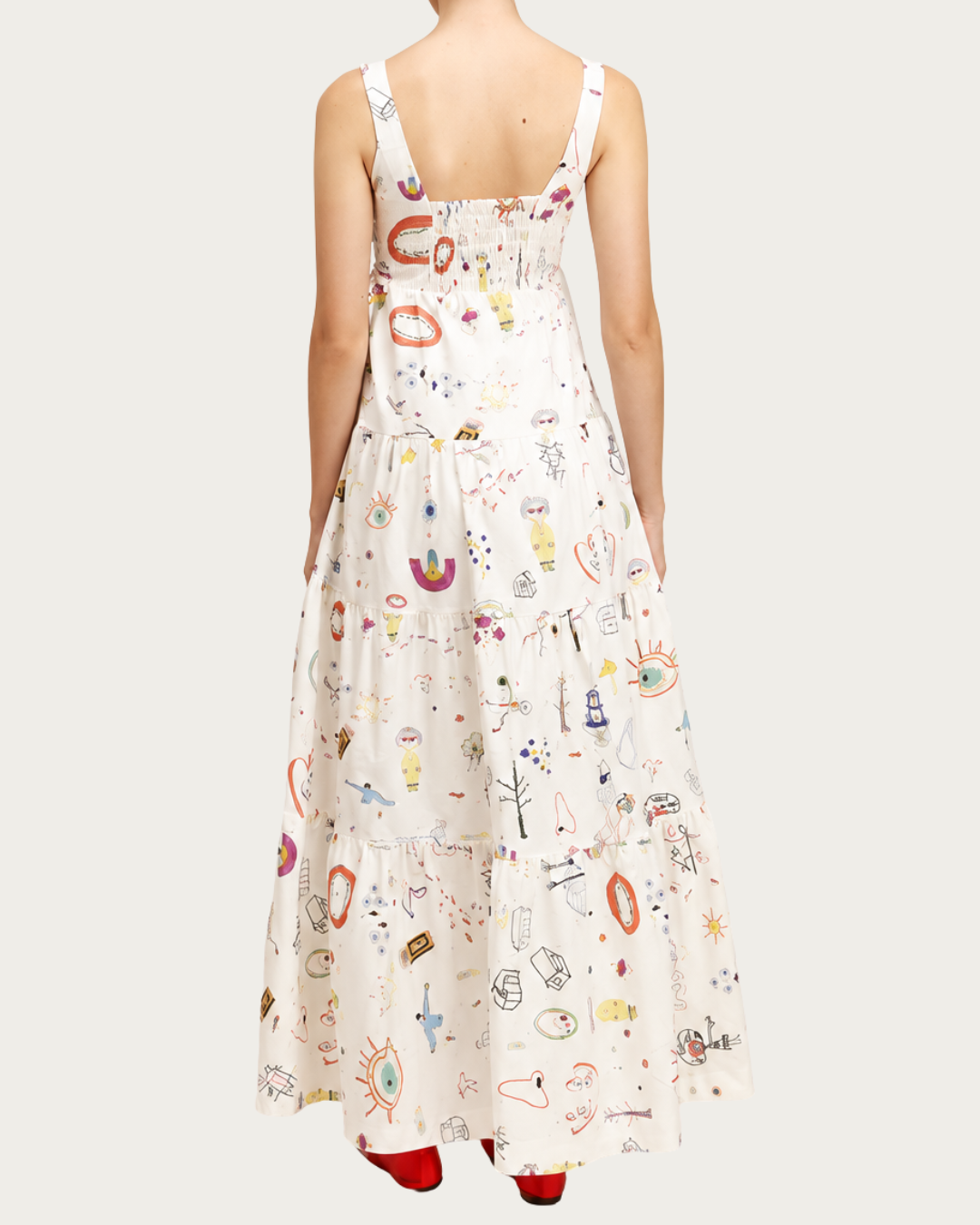 Back view of Doody Dress Ivory with smocked back and wide straps