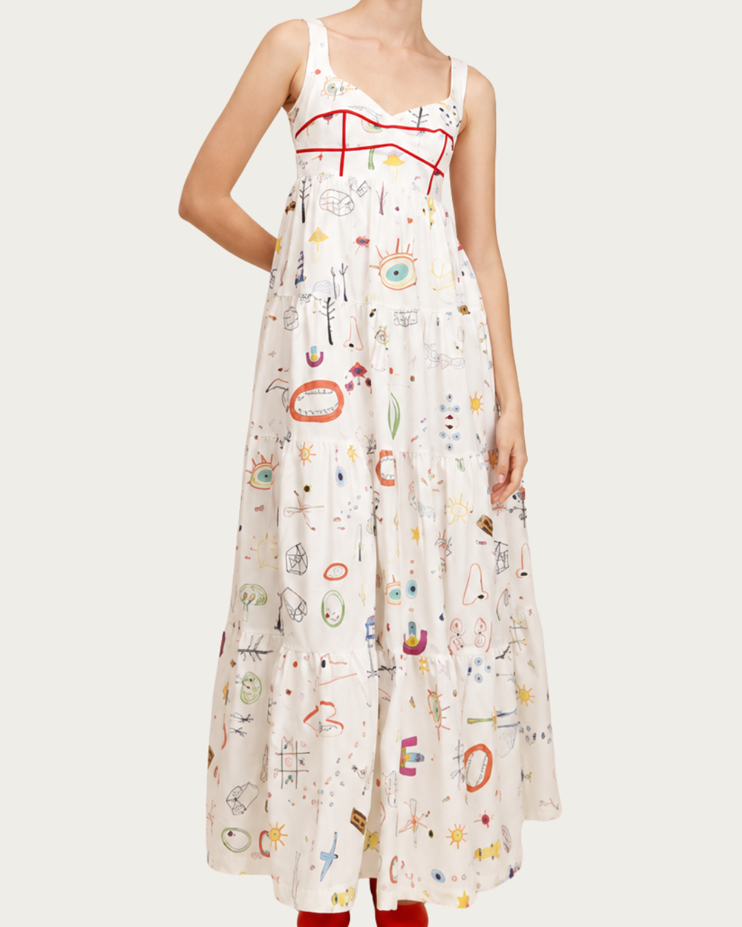 Doody Dress Ivory printed sleeveless maxi dress with colorful artwork