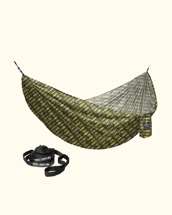 Trek Light Double Hammock in River Trout print with included tree straps