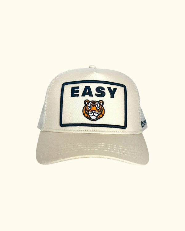 Front view of Easy Tiger Trucker Ivory hat with embroidered tiger patch