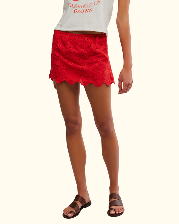 Eyes On You Skort in High Risk Red front view on model