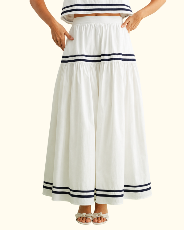 Grady Tiered Skirt in White Navy front view with navy stripe detailing