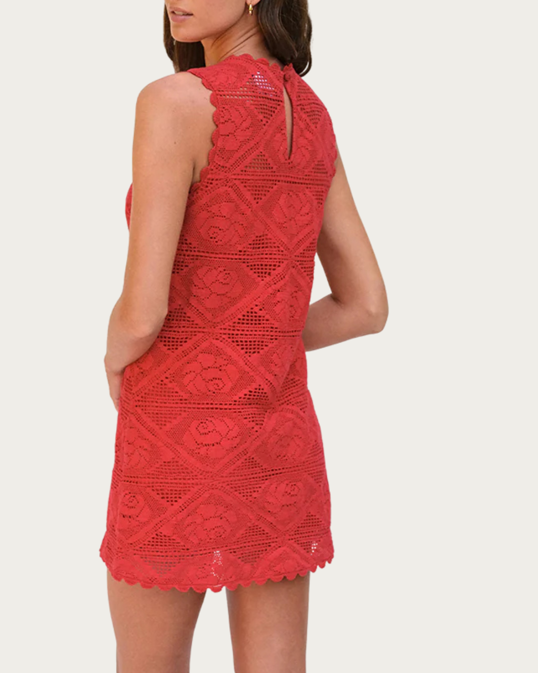 Back view of Irene Dress Tango Red with keyhole button closure