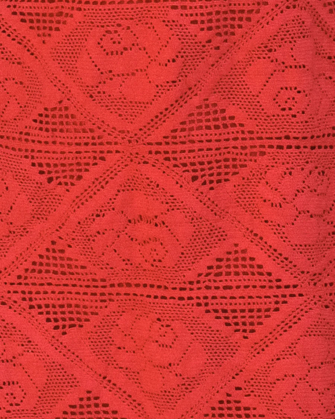 Close up of Irene Dress Tango Red linear rose crochet fabric