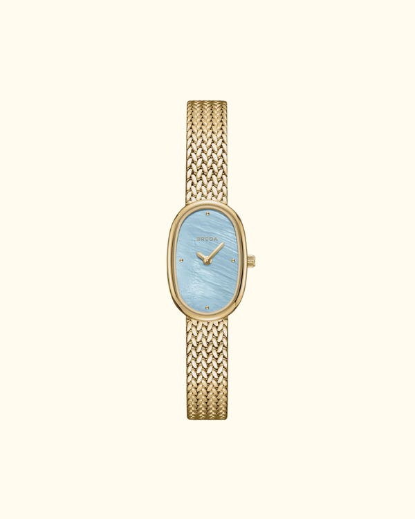 Gold oval watch with sky blue mother of pearl dial and mesh band front view