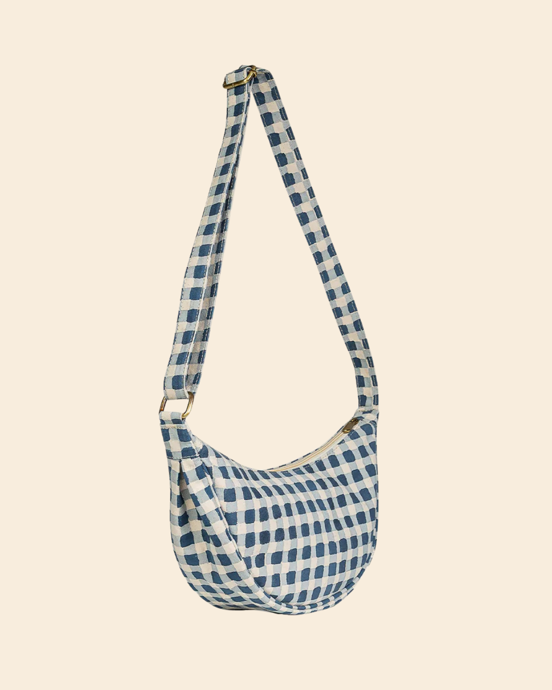 Joyn Moon Sling Bag in Indigo Gingham with hand block printed cotton canvas