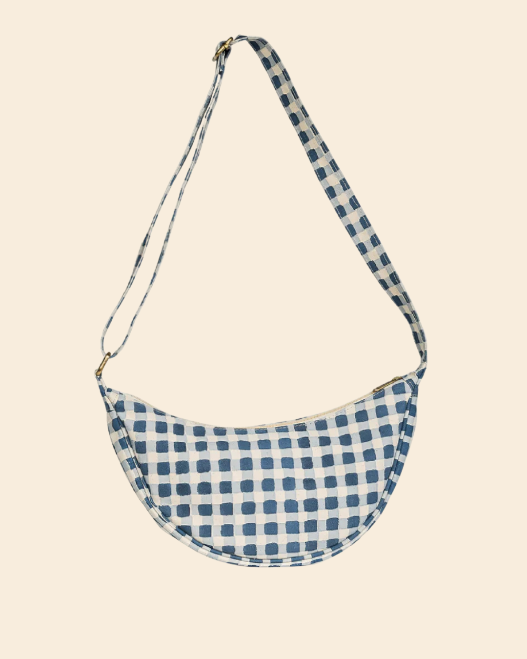 Wide view of Joyn Moon Sling Bag in Indigo Gingham with adjustable strap
