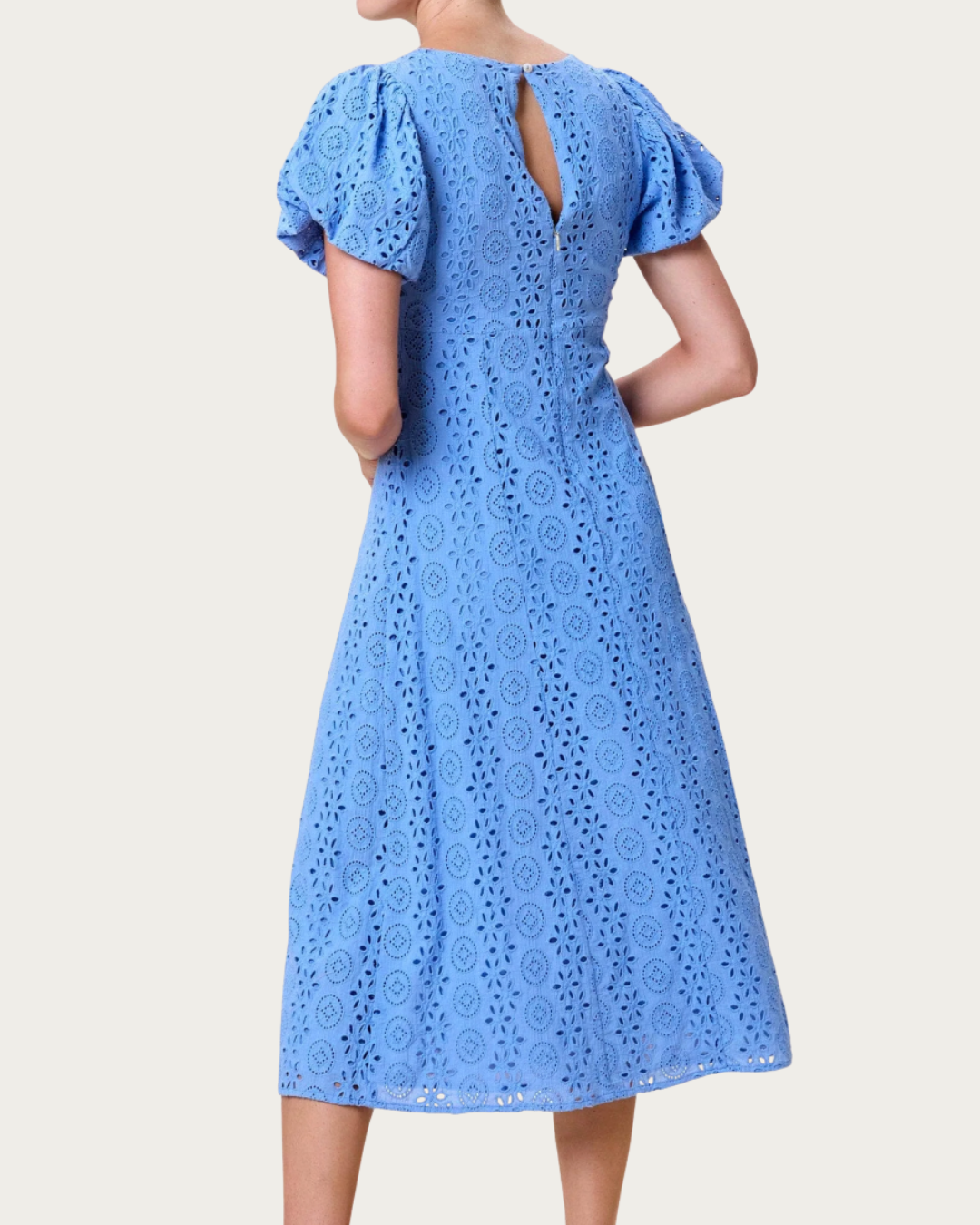 Back view of Leslie Midi Dress Blue Bonnet with keyhole button closure