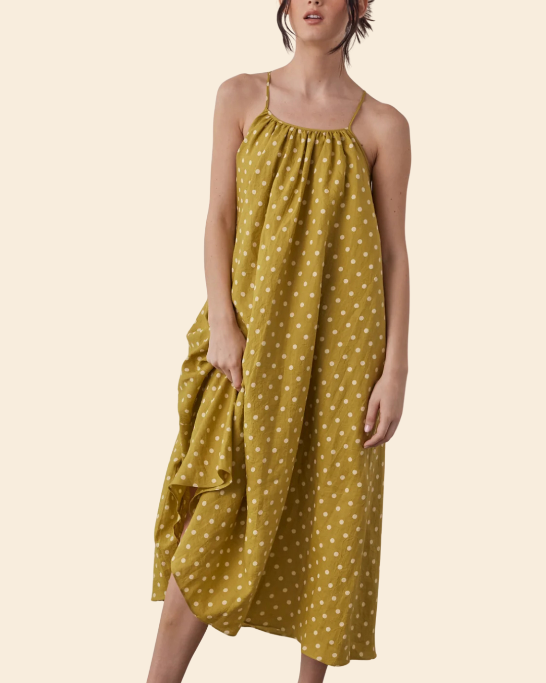 Full front view of Linen Polka Dot Tie Back Dress in Moss