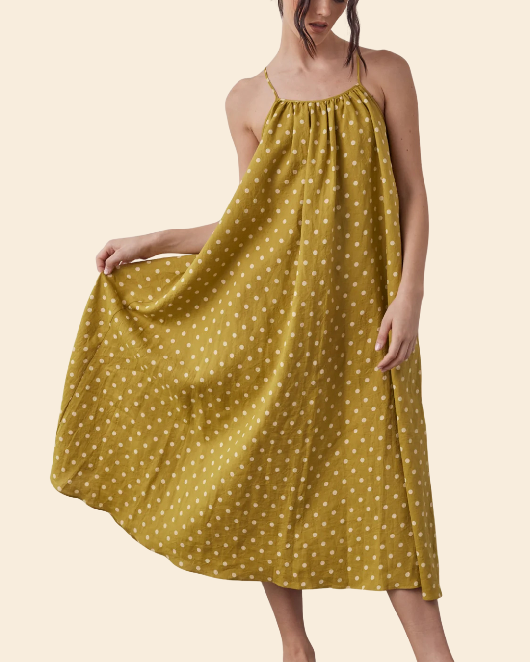 Linen Polka Dot Tie Back Dress in Moss front view on model