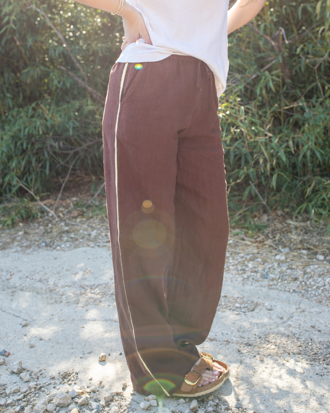 Linen track pant in espresso with elastic waistband and drawstring
