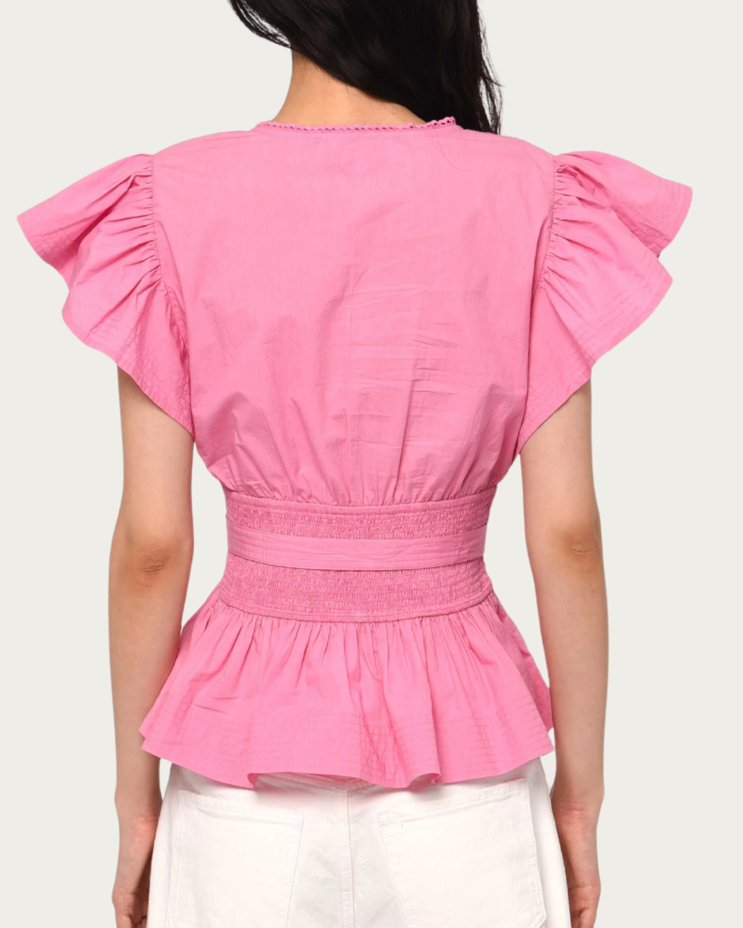 Back view of Madelyn Top Rosebloom with smocked waist panel
