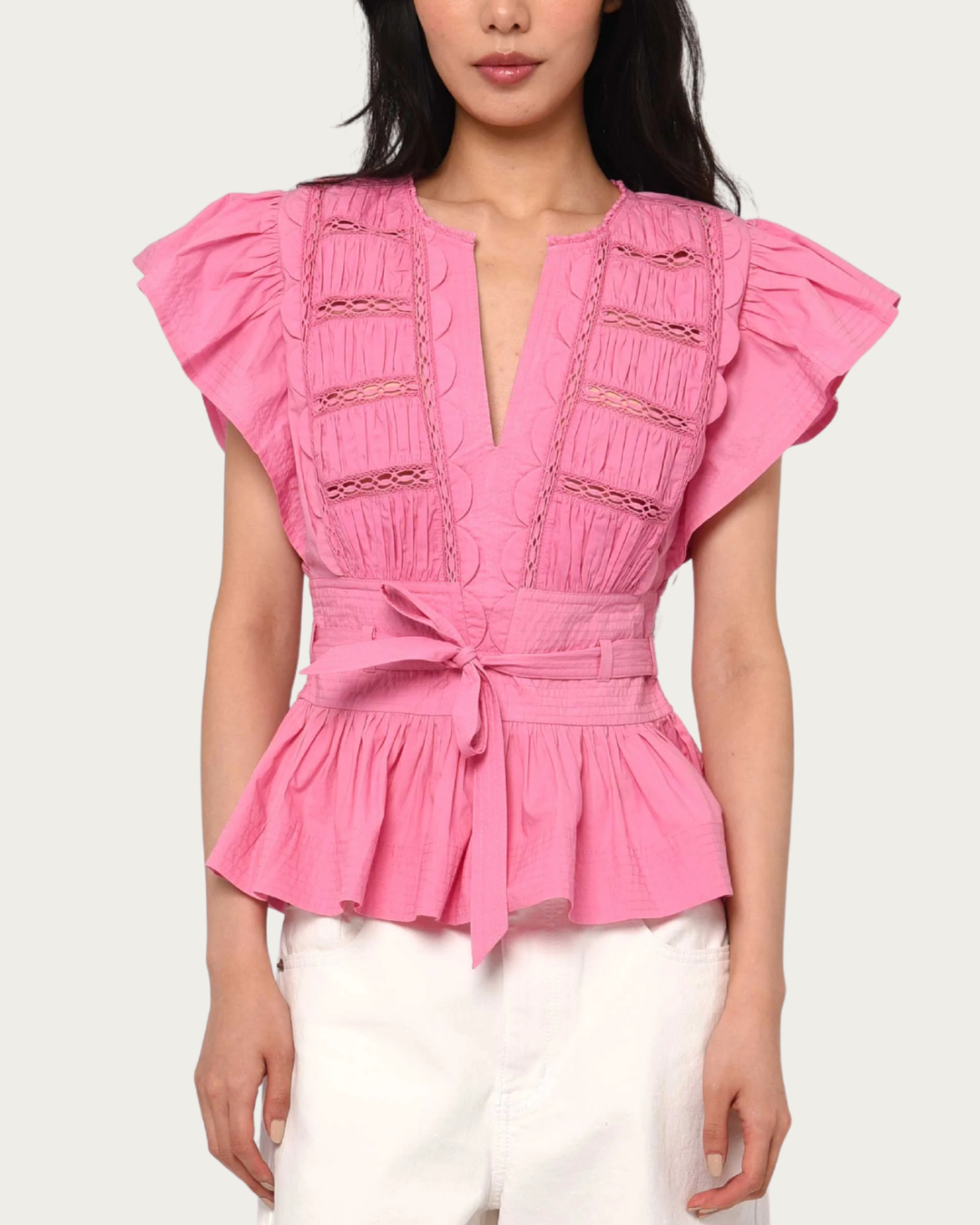 Madelyn Top Rosebloom pink cotton poplin blouse with tie waist