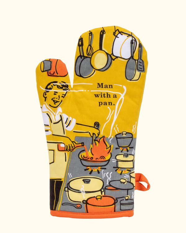 Man With A Pan oven mitt with yellow kitchen illustration and orange trim