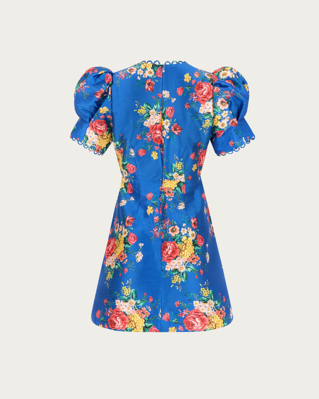 Back view of Margot Puff Sleeve Dress Dutch Floral Cobalt with zip closure