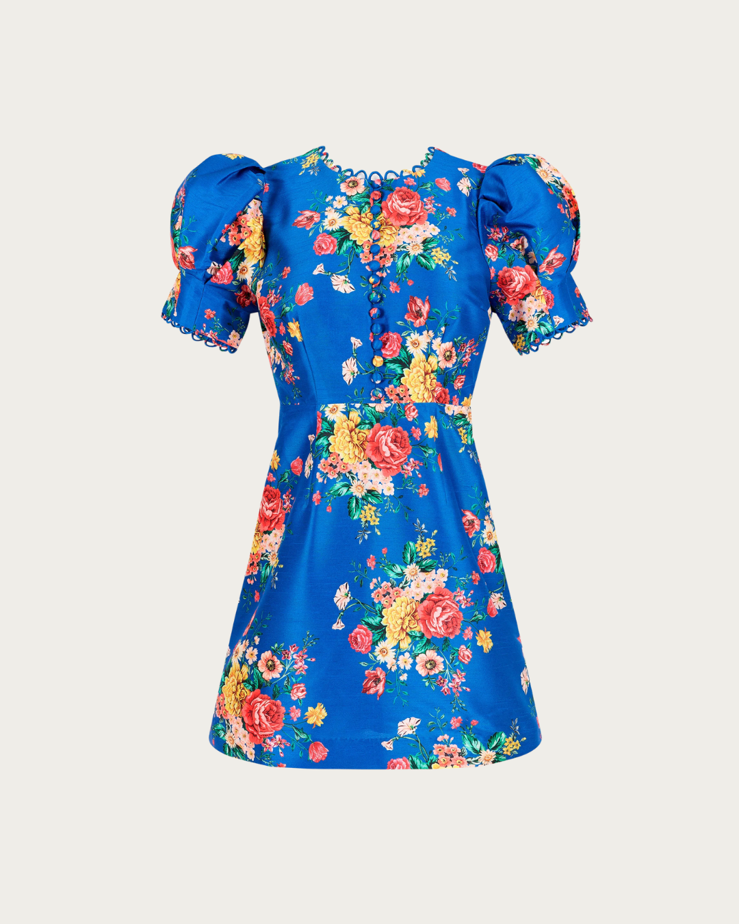 Front view of Margot Puff Sleeve Dress in Dutch Floral Cobalt