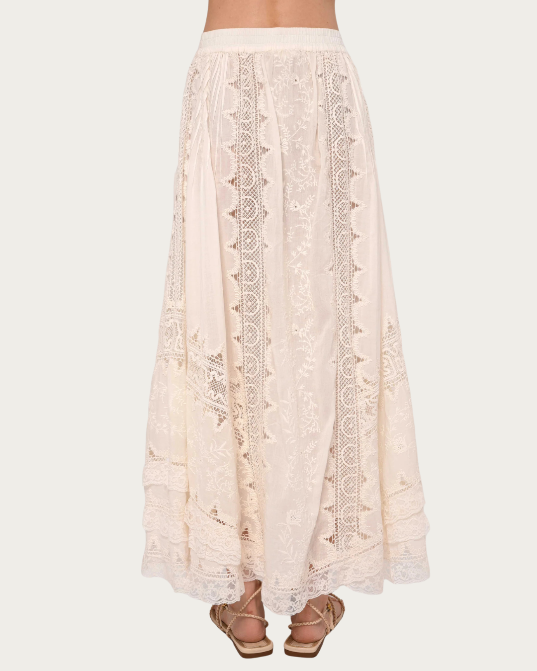 Back view of Marlow Skirt Ivory with elastic waistband and lace detail