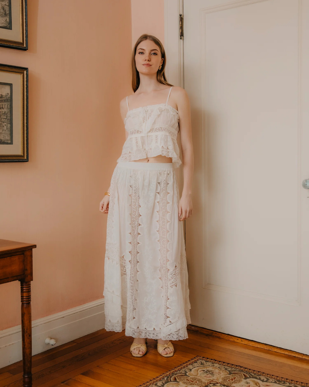 Model wearing Marlow Skirt Ivory with matching Lucienne Top