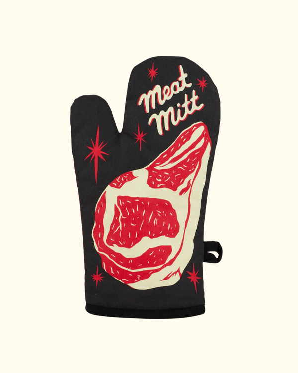 Front view of Meat Mitt Oven Mitt with steak graphic and red star details