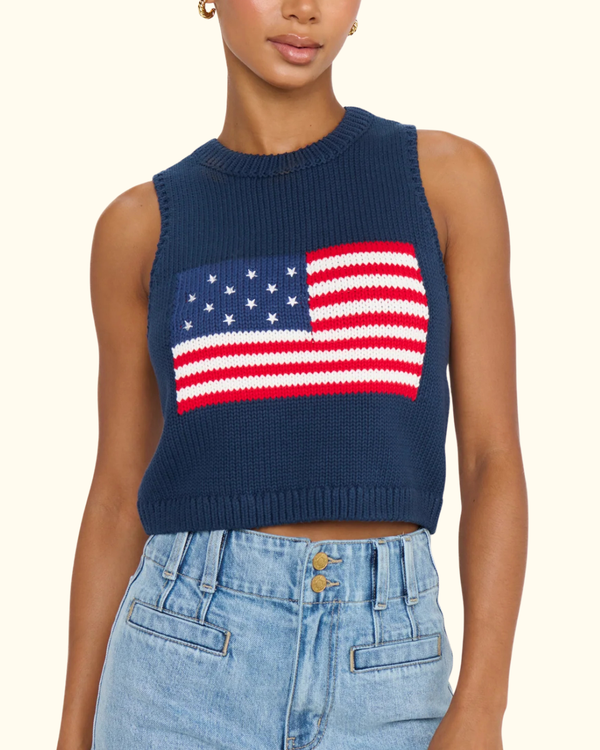 Milo Tank Navy Flag Knit front view with American flag design on navy cotton knit top