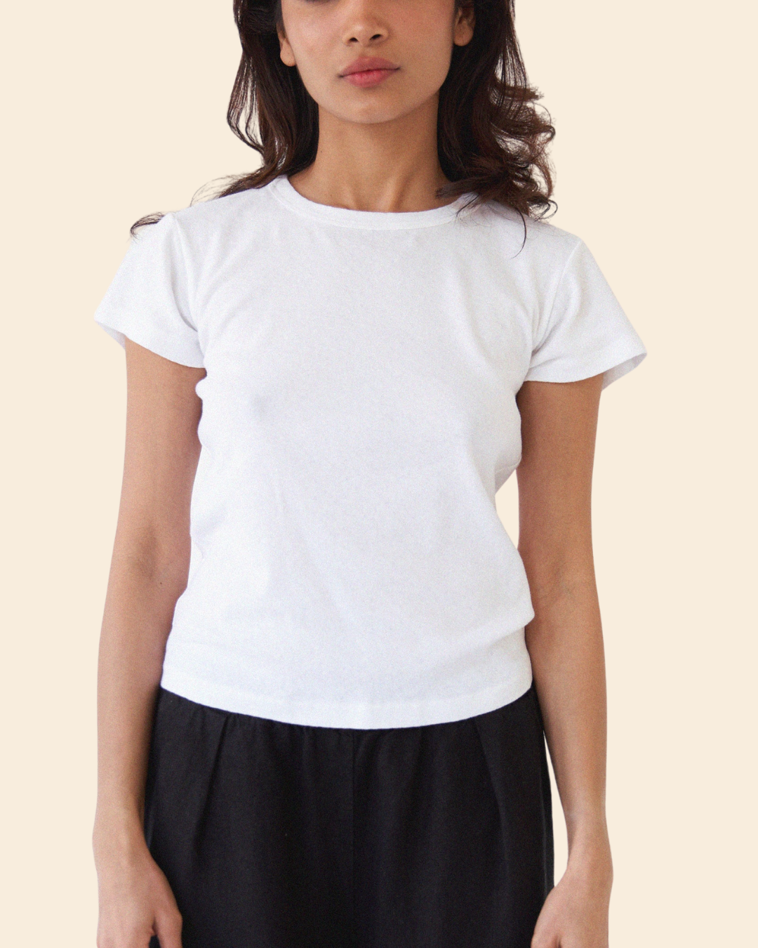 Pointelle Baby Tee in White front view on model