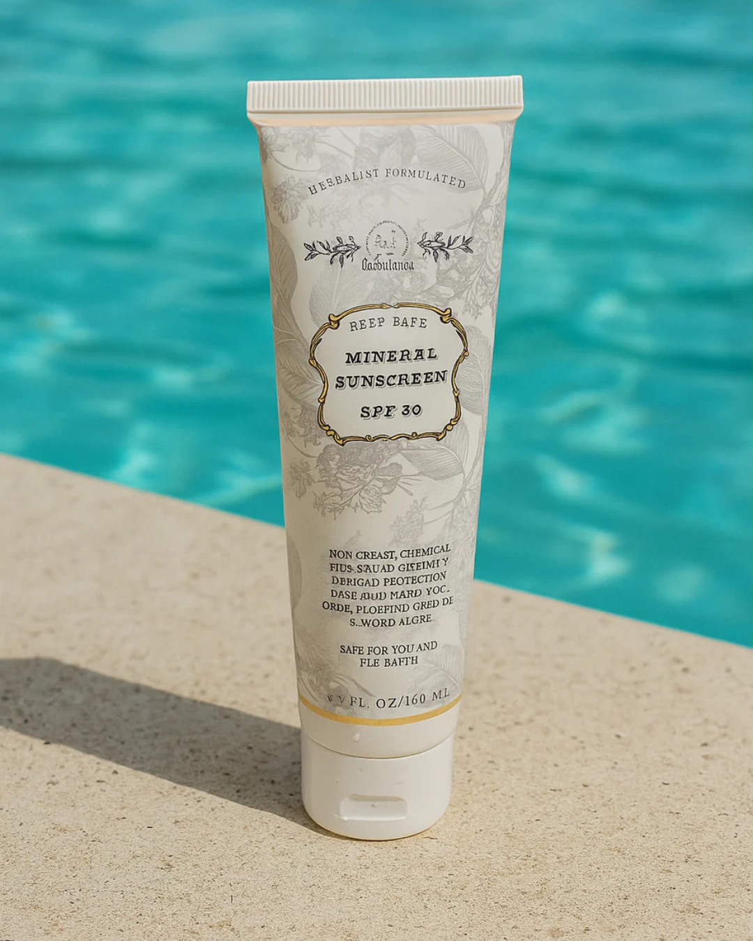 Roots & Leaves Reef Safe Vegan Mineral Sunscreen SPF 30 displayed poolside