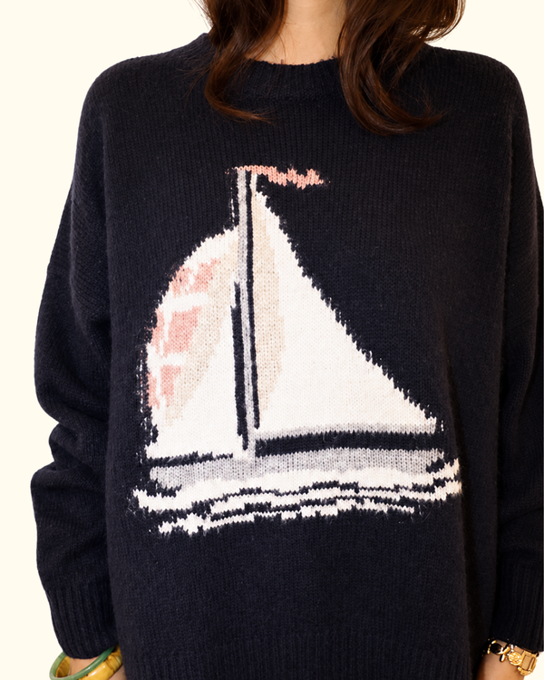 Sailboat Fuzzy Knit Sweater Navy alternate view