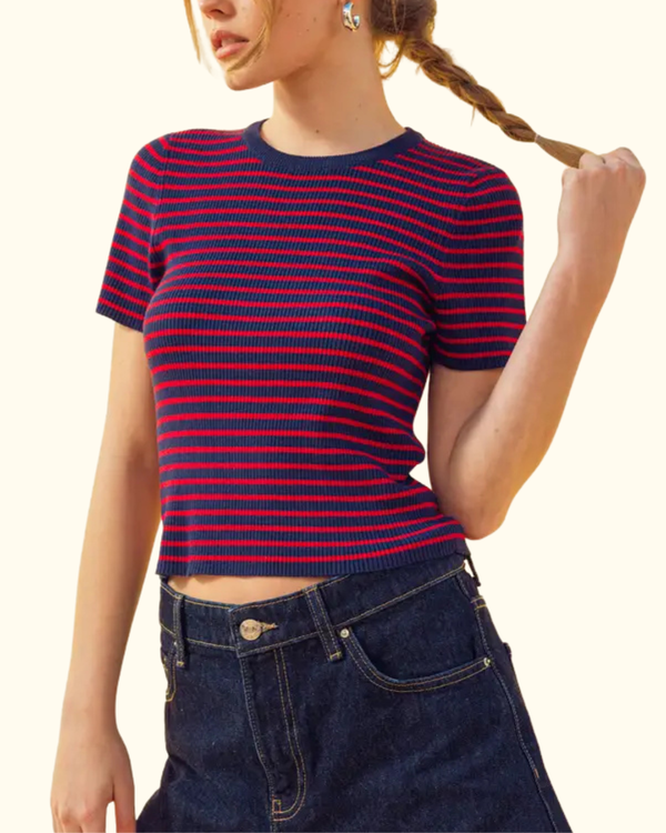 Model wearing Tay Striped Ribbed Tee in Navy Cherry with dark denim shorts