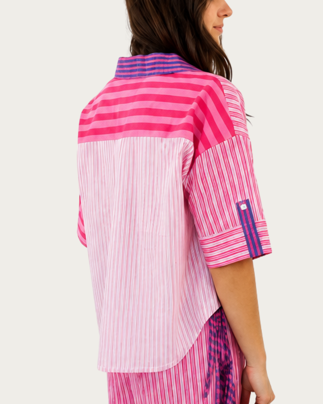 Back view of Viola Shirt Pink Summer Stripe relaxed cotton shirt